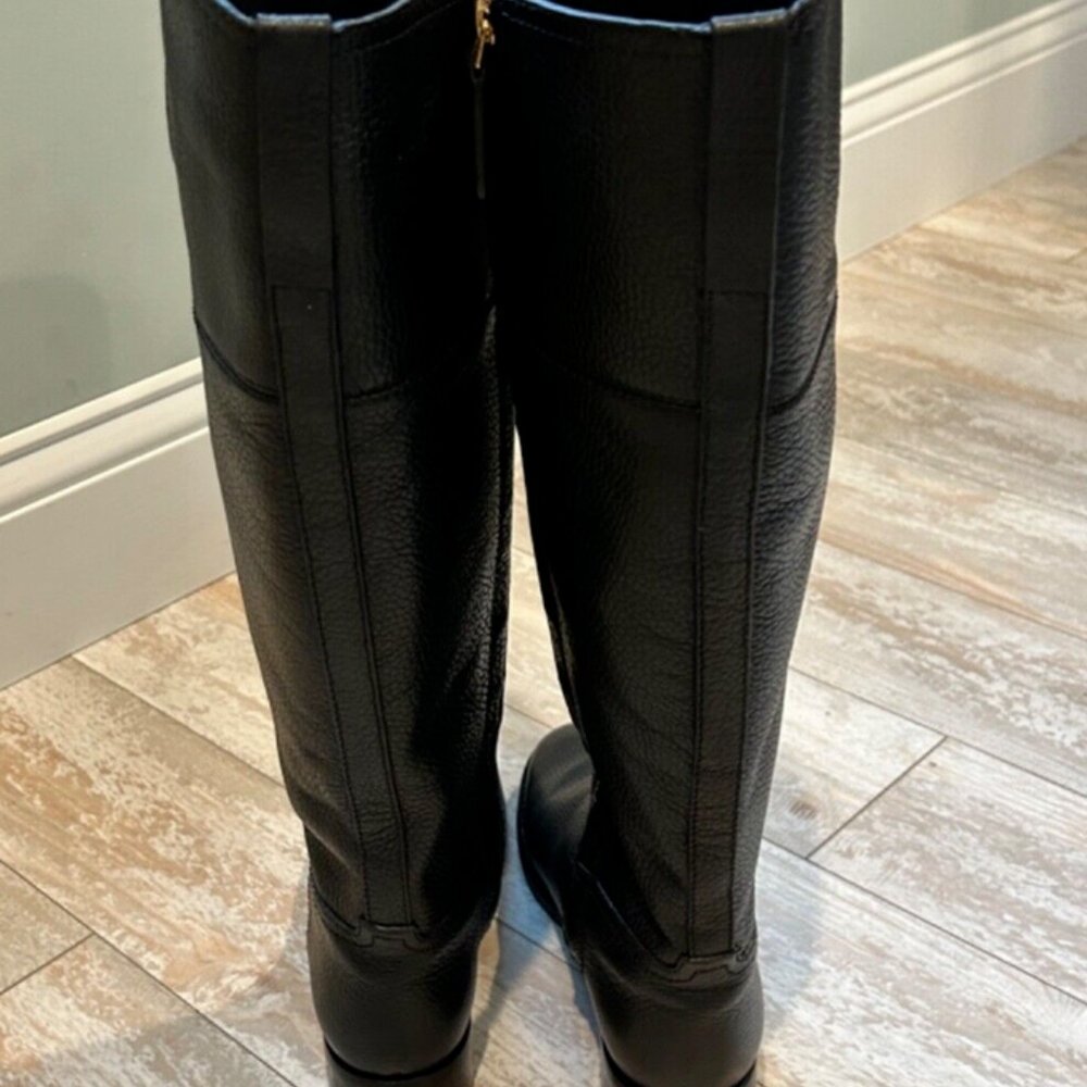 Tory Burch Black Leather Tall Riding Boots with Gold Logo - Picture 2 of 14